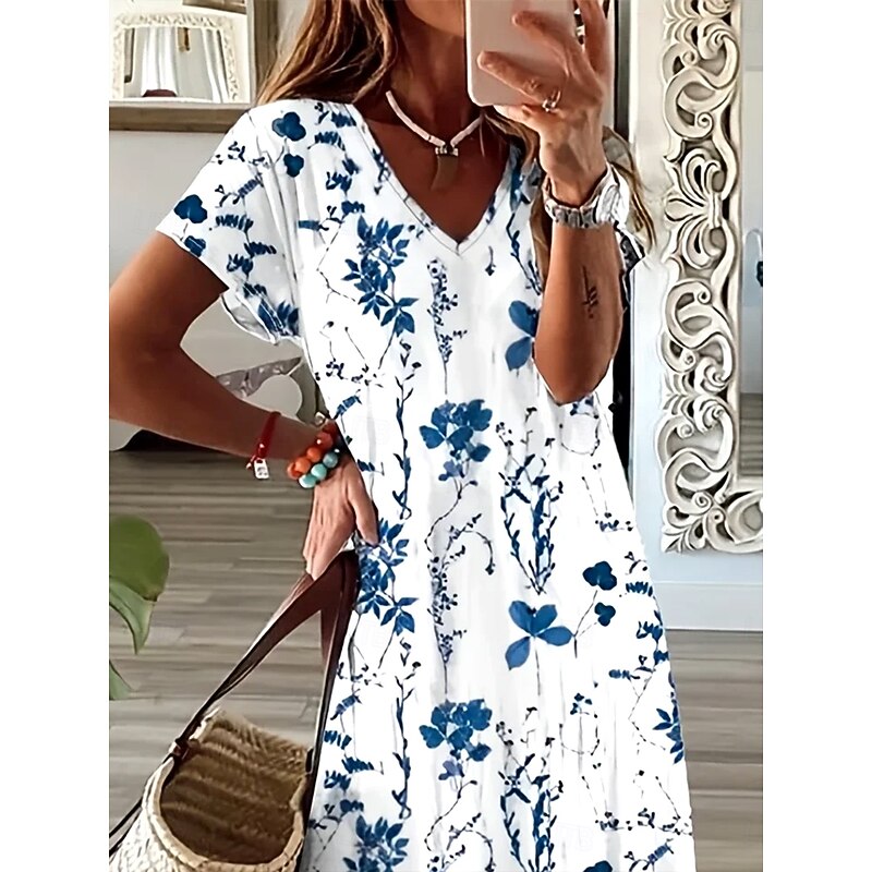 Women's Maxi Dress Casual Dress Sundress A Line Dress Elegant Vacation Casual Holiday Beach Regular Fit Floral Graphic Short Sleeve V Neck White Navy Blue Summer Spring2