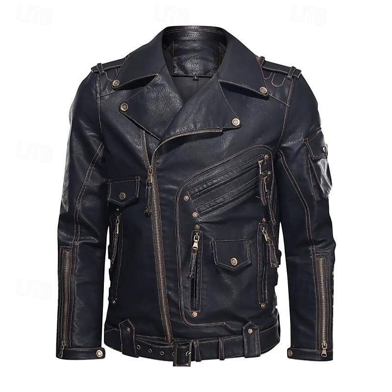 Men's Faux Leather Jacket Biker Jacket Motorcycle Jacket Vacation Daily Windproof Warm Zipper Pocket Fall Winter Plain Fashion Classic Lapel Regular Black Jacket2