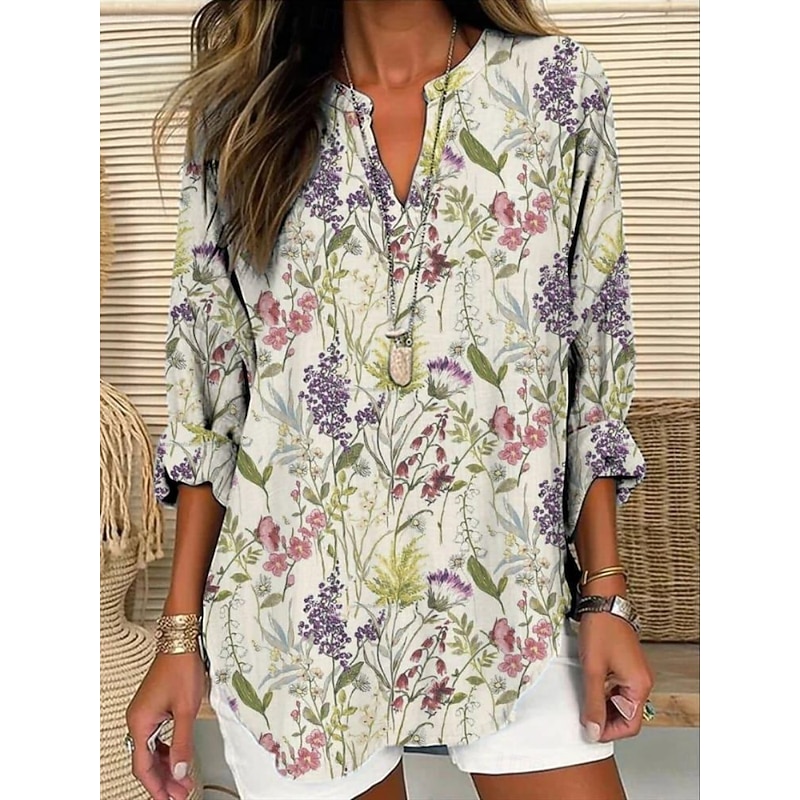 Women's Shirt Floral Stylish Modern Long Sleeve V Neck Regular Tops Daily Holiday Buttons Print Pink Purple Green Beige Summer3