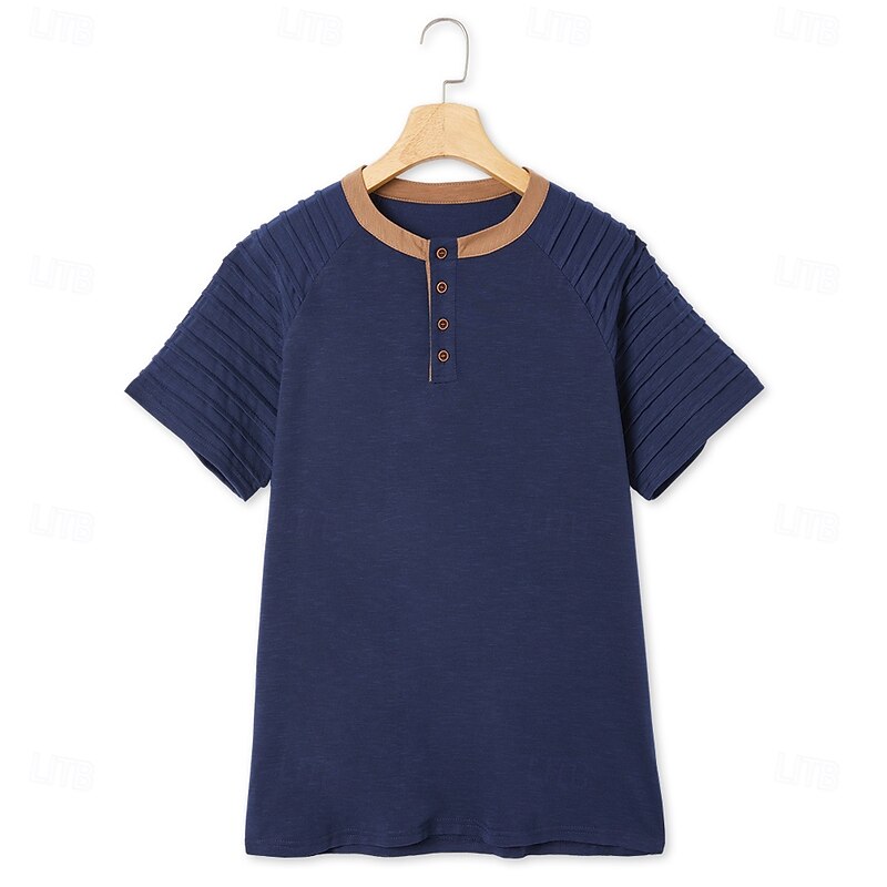 Men's Henley Shirt Tee Short Sleeve Patchwork Fashion Designer Casual Buttons Henley Outdoor Casual Daily Summer Spring Black Navy Blue Blue Henley T-Shirt3