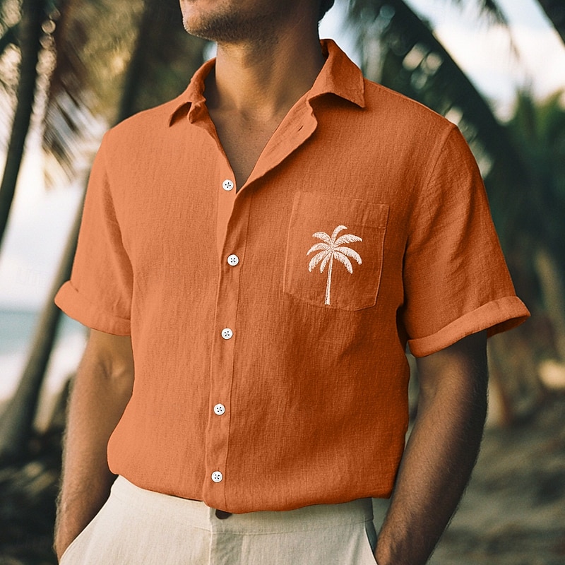 Men's Shirt Linen Shirt Summer Shirt Beach Wear Plain Vacation Casual Blue Orange Green Khaki Short Sleeve Lapel Summer Spring & Summer Clothing Apparel Color Block