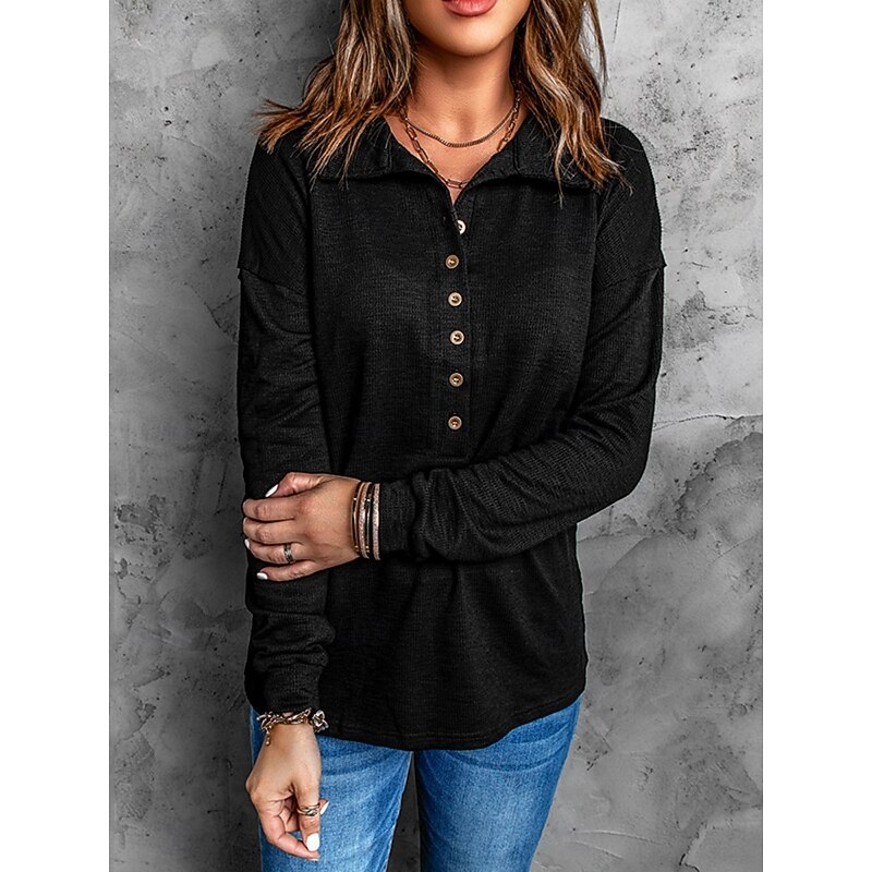 Women's Blouse Solid Color Stylish Basic Casual Long Sleeve Shirt Collar Regular Tops Daily Buttons Black White Navy Blue Sky Blue Khaki Summer Spring Fall4