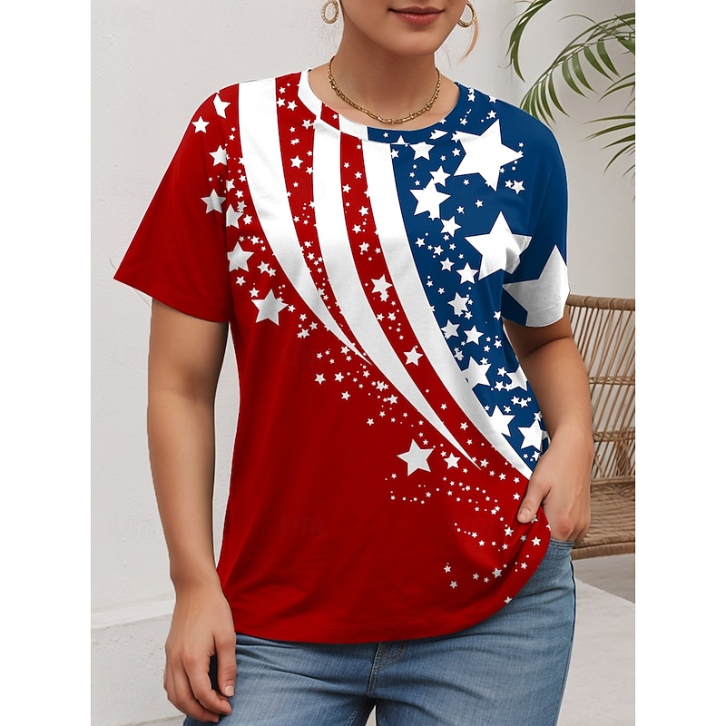 American Independence Day Women's Plus Size Tops T Shirt Graphic Flag Print Short Sleeve Crew Neck Casual Daily Polyester Summer Red Blue