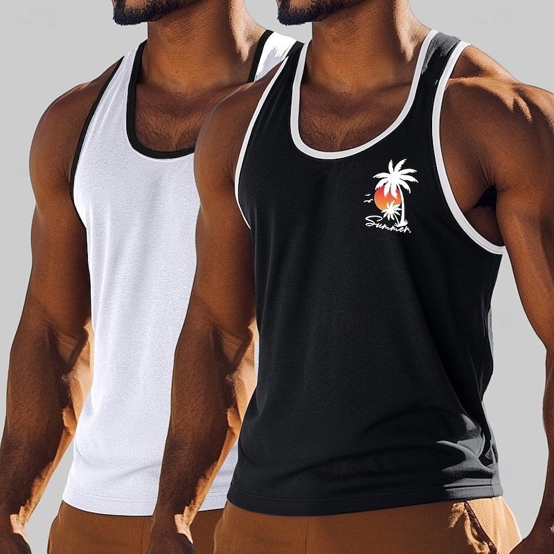 2 Piece Men's Tank Top Vest Top Sleeveless Shirt Muscle Shirt Sleeveless Crew Neck Summer Coconut Tree Sports Fashion Casual 2 Piece White Black Green Grey Tank Top2