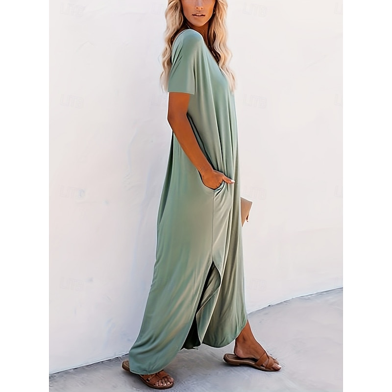 Women's Maxi Dress Summer Dress Casual Daily Regular Fit Plain Short Sleeve V Neck Black Pink Green Summer3