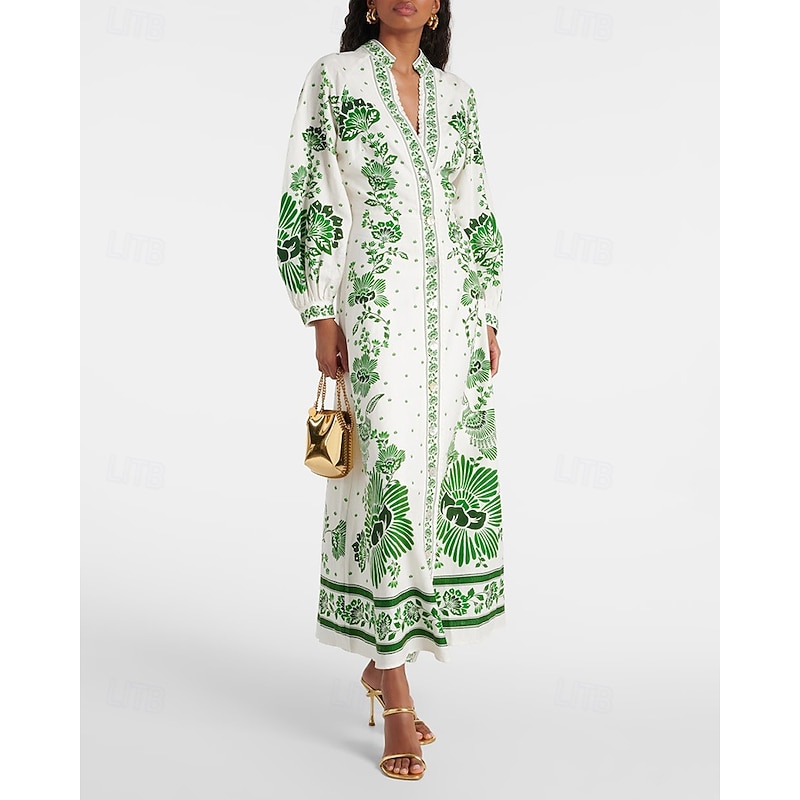 Women's Long Dress Maxi Dress Print Dress Fashion Modern Lantern Sleeve Outdoor Vacation Going out Regular Fit Flower Long Sleeve V Neck Blue Green Fall2
