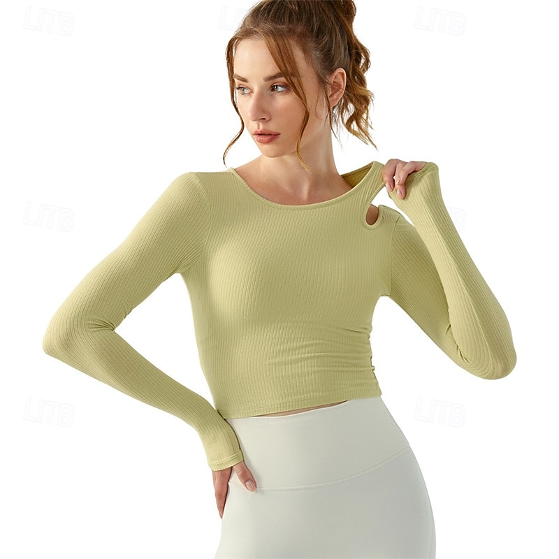 Women's Sports shirts Crew Neckline Skin Friendly Softness Stretchy Hollow Long Sleeve Sports Solid Color Top For Pilates Dance Zumba Activewear