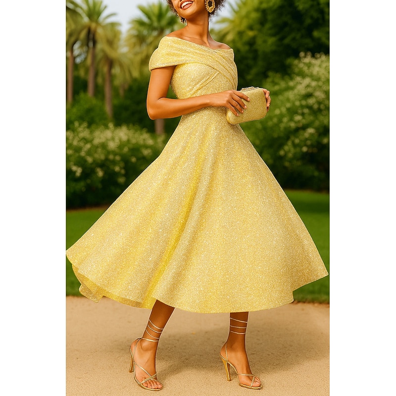 Black Tie Gold Sparkle Jacquard A-Line Cocktail Dresses Elegant Dress Formal Wedding Tea Length Midi Length Sleeveless Off Shoulder with Pleats