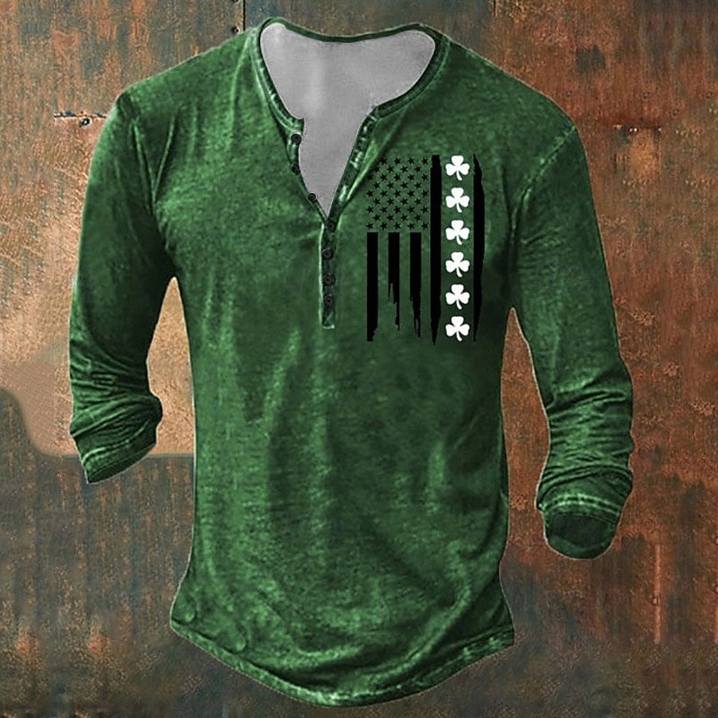 Men's St. Patrick Shamrock American Flag Henley Shirt T shirt Tee Tee Top Long Sleeve 3D Print Fashion Designer Basic Vacation St.Patrick's Day Street Spring &  Fall Black Dark Green Green Gray Henley2
