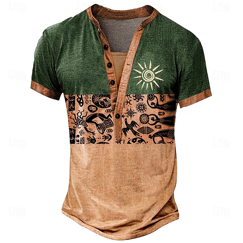 Men's Sun Tribal T Shirt Henley Shirt Tee Short Sleeve Designer Basic Classic Outdoor Casual Daily Summer Green Navy Blue Henley Henley T-Shirt2