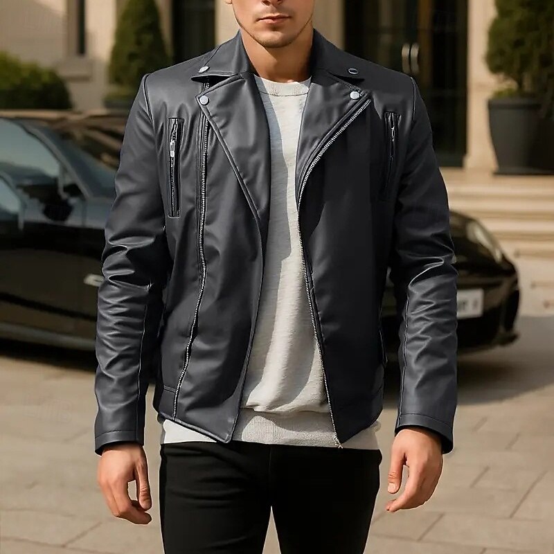 Men's Faux Leather Jacket Biker Jacket Motorcycle Jacket Vacation Daily Windproof Warm Pocket Fall Winter Plain Fashion Classic Lapel Regular Black Wine Royal Blue Brown Jacket4