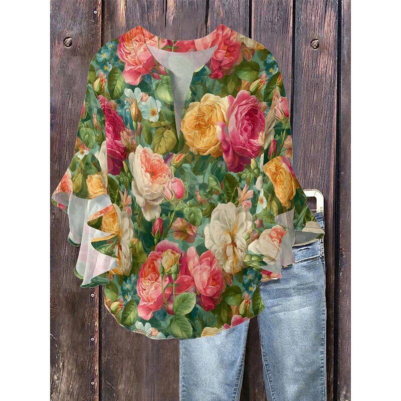 Women's Blouse Floral Stylish Modern 3/4 Length Sleeve V Neck Regular Tops Daily Holiday Ruffle Print Grass Green Pink Navy Blue Blue Green Summer3