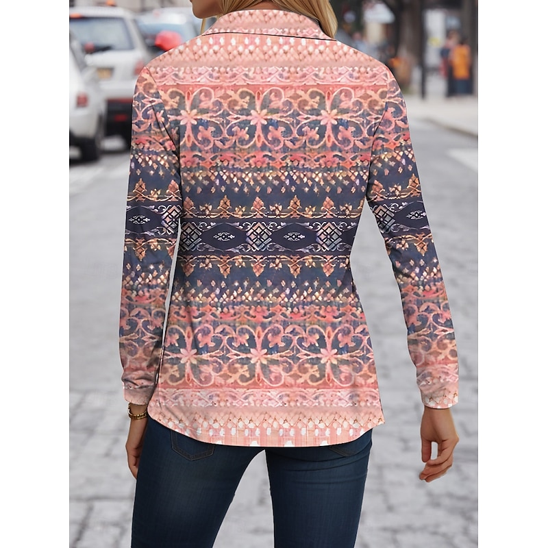 Women's T Shirt Graphic Geometry Vintage Stylish Casual Long Sleeve V Neck Shirt Collar Regular Tops Daily Print Yellow Pink Blue Purple Khaki Fall Winter2