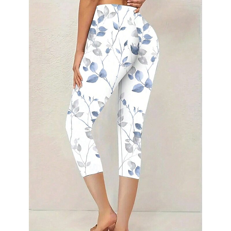 Women's Leggings Vacation Vintage Basic Calf-Length High Waist Graphic Leaf Quick Dry Soft Comfortable Stretchy Casual Daily Holiday Robin's Egg Blue Yellow Red Green Summer Spring Slim Fit2