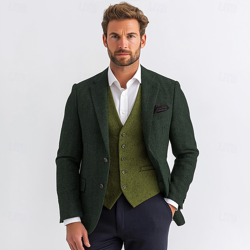 Men's Tweed Blazer Wool Herringbone Blazer Brown Green Grey  Retro Office Standard Fit Single Breasted Two-buttons3