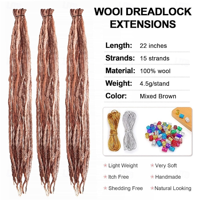 22 Inch Wool Double Ended Dreadlock Extensions15 Strands DE Ends Mixed Brown Synthetic DE Dreads Thin Soft Fake Dreads Hippie Style Dreadlock for Women2