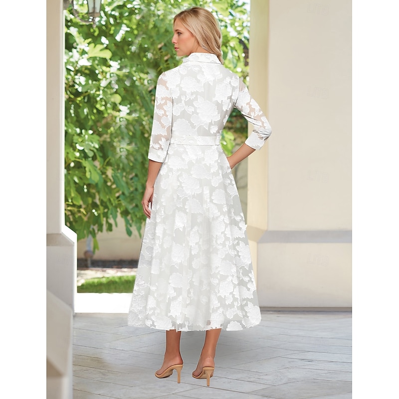 A-Line Floral Lace Shirt Dress Mother of the Bride Dress Elegant Simple Minimalist V Neck Shirt Collar Floor Length Lace 3/4 Sleeve with Bows3