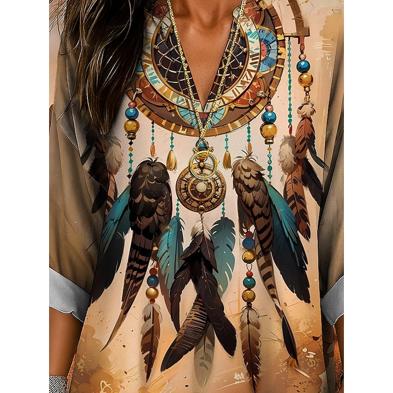 Women's Blouse Tunic V Neck Long Sleeve Boho Casual Tops Ombre Graphic Bohemia Vintage Tropical Regular Tops Daily Wear Print Yellow Red Blue Purple Fuchsia3