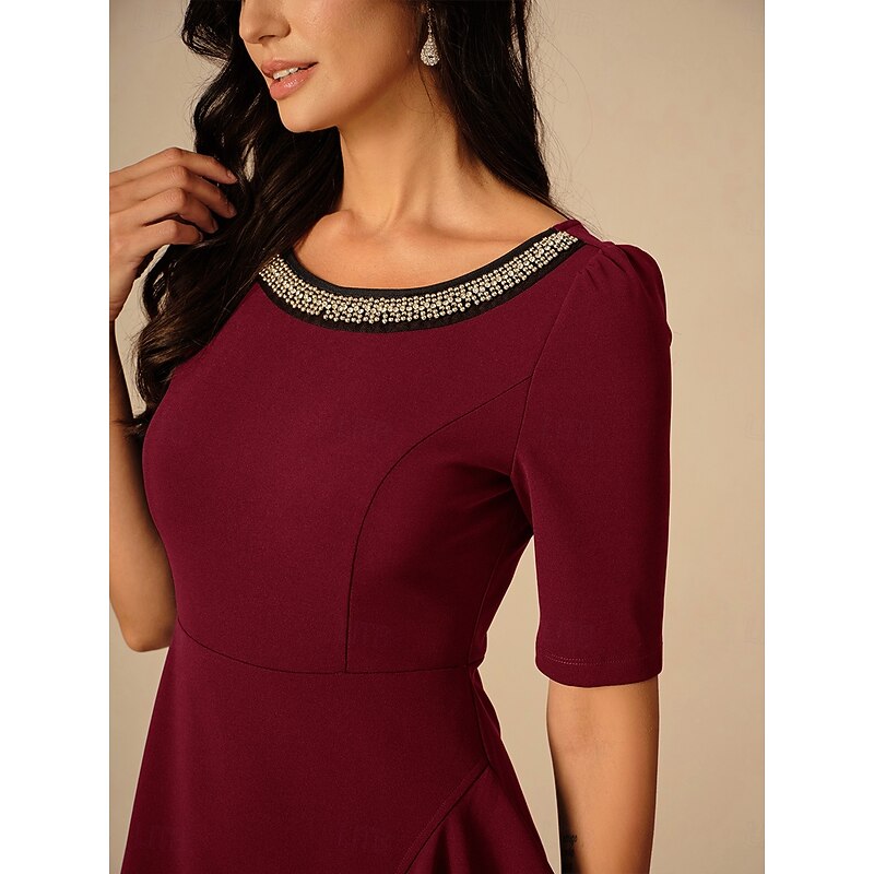 Women's Maxi Dress Ruffle Dress Elegant Regular Fit Solid Color Short Sleeve Crew Neck Wine Summer Spring Fall2