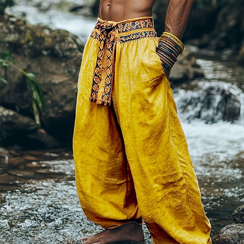 Men's Cotton Linen Pants Summer Pants Bloomers Baggy Pants Pocket Color Block Comfort Breathable Daily Holiday Retro Vintage Chinese Style Yellow2