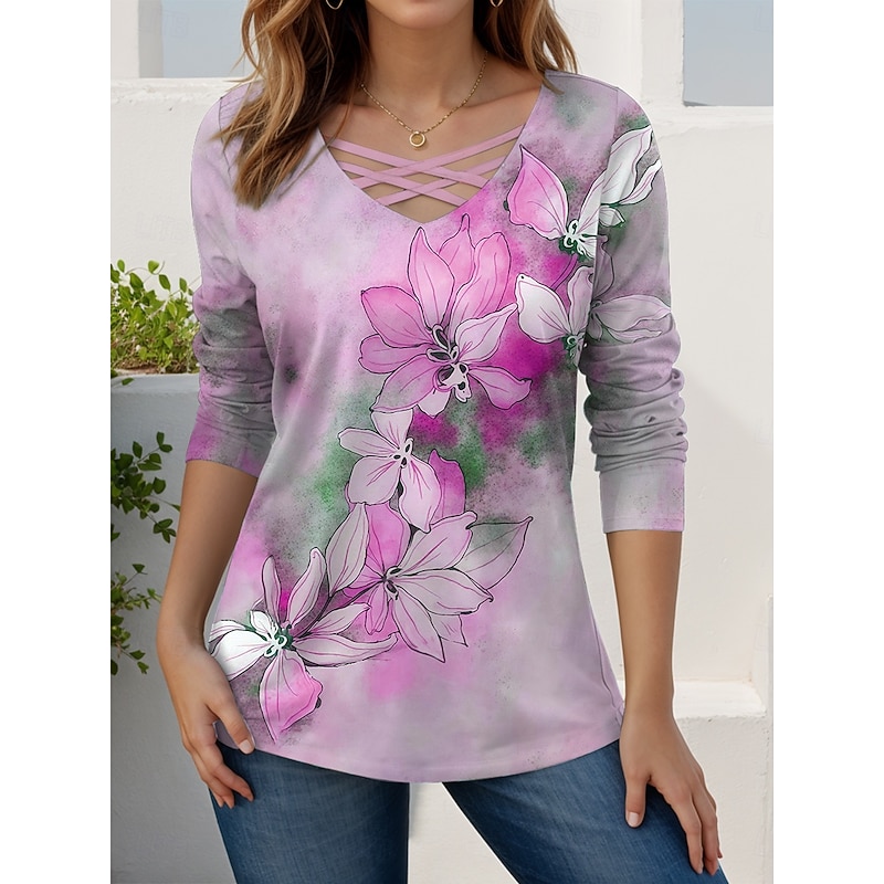 Women's T Shirt Floral Graphic Vintage Stylish Modern Long Sleeve V Neck Regular Tops Daily Cut Out Print Red Blue Sky Blue Purple Spring Fall