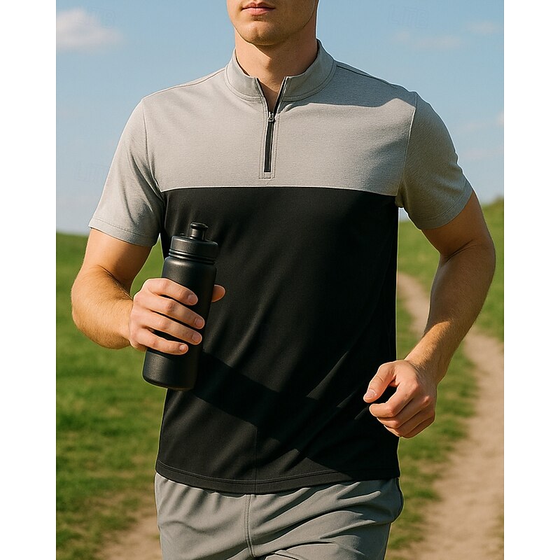 Men's Golf Polo Shirt Running Shirt Tennis Shirt Quarter Zip Short Sleeve Tee Tshirt Color Block Quick Dry Lightweight Elastic Breathable Tennis Golf Running Sportswear Activewear Dark Gray Green