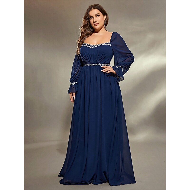 A-Line Evening Gown Elegant Dress Formal Wedding Floor Length Long Sleeve Square Neck Chiffon with Pleats4