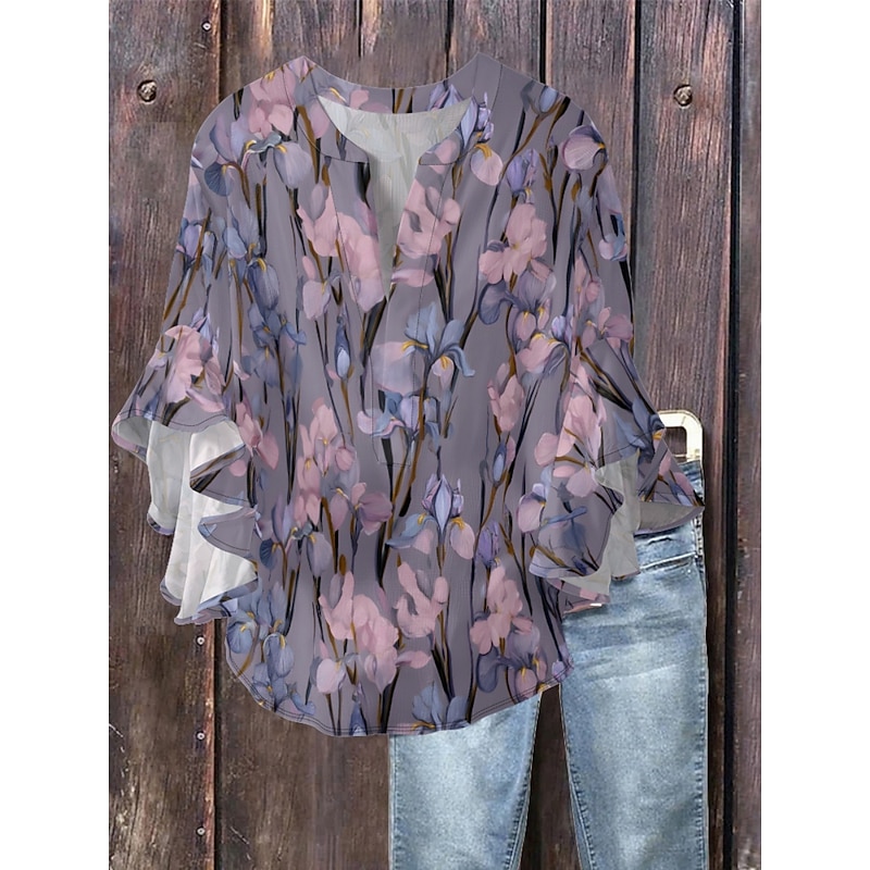 Women's Blouse Floral Stylish Modern 3/4 Length Sleeve V Neck Regular Tops Daily Holiday Ruffle Print White Blue Purple Green Summer2
