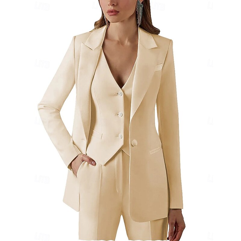 Women's 3 Pieces Suits Formal Wedding Guest Stretch Crepe Elegant Vintage Simple Long Sleeve Floor Length Peak Lapel