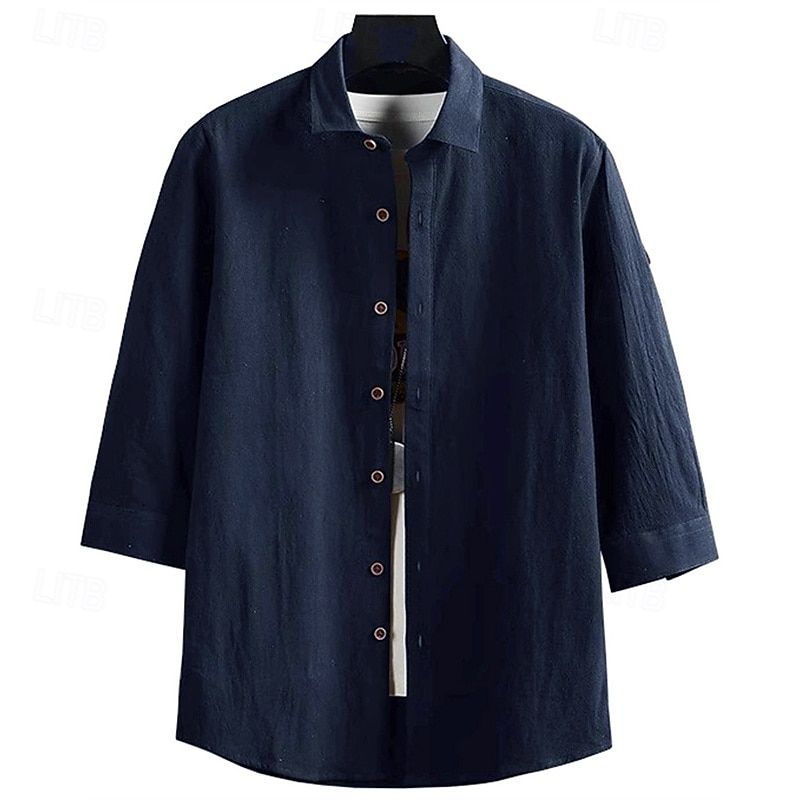 Men's Shirt Linen Shirt Casual Shirt Button Up Shirt Cotton Shirt Plain Vacation Hawaiian White Navy Blue Army Green Dark Gray 3/4 Length Sleeve Lapel Summer Spring Clothing Apparel2
