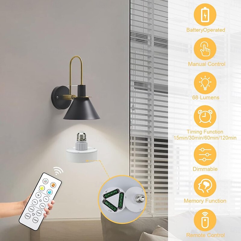 Battery Operated Light Bulbs Sets of 2 LED Puck Lights with Remote Control AA Battery Bulb Dimmable E26 Screw in Type for Non Electric Pendant Light and Wall Sconce2