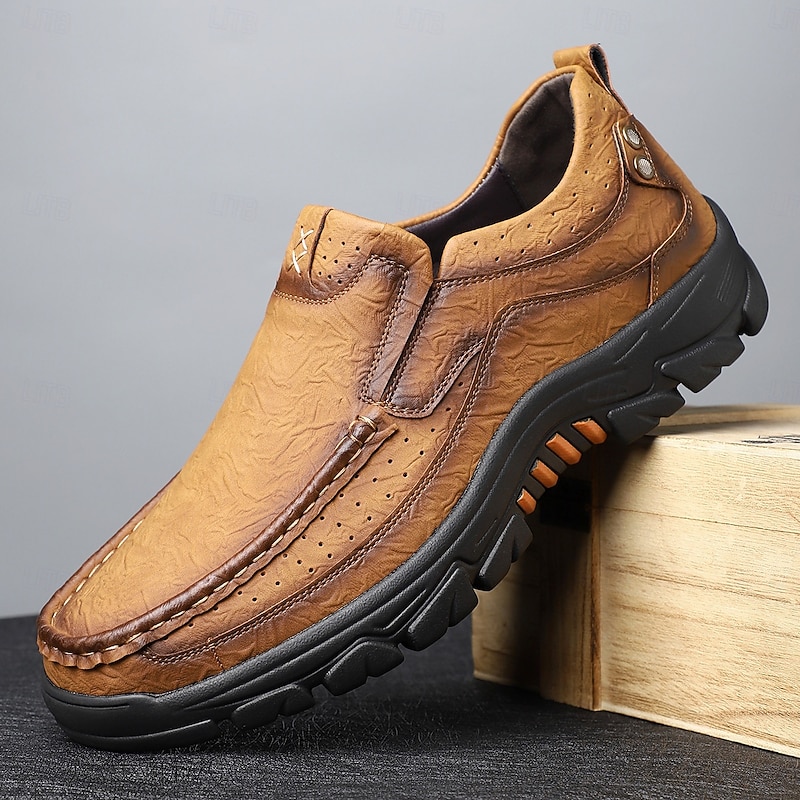 Men's Tan and Brown Faux Leather Slip-On Shoes, Casual Walking Shoes for Outdoor Adventures, Daily Activities and Weekend Getaways