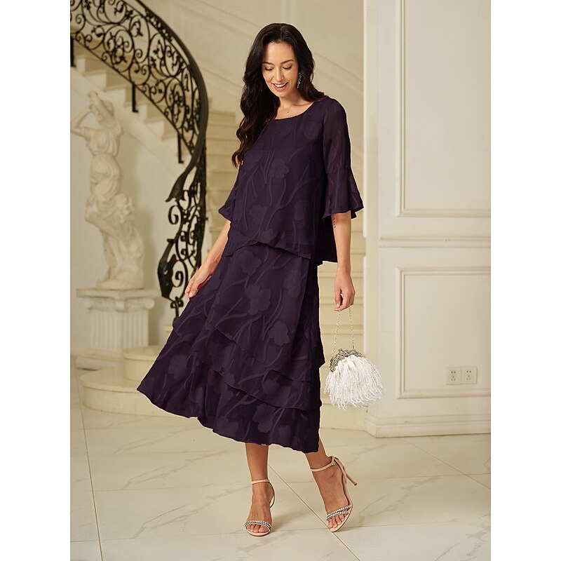 Women's Skirt Elegant Midi Mid Waist Skirts Floral Layered Inelastic Party Causal Eggplant Summer Chiffon4