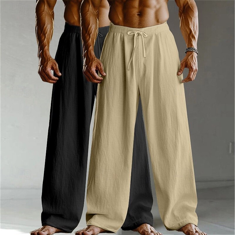 Men's Linen Pants Trousers Summer Pants Baggy Pants Beach Pants Drawstring Elastic Waist Straight Leg Plain Comfort Breathable Full Length Home Daily Holiday Vacation Fashion White+Khaki Khaki+Black4