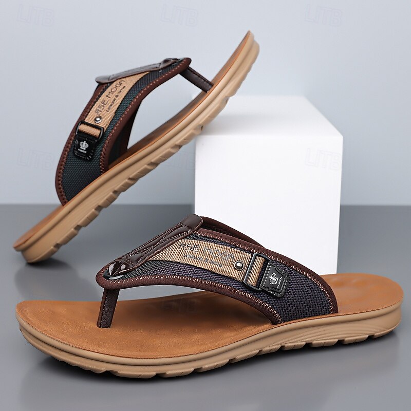 Men's Faux Leather and Mesh Flip Flops Breathable Slip-On Design with Cushioned Sole Ideal for Summer Beach Poolside and Relaxed Weekends2