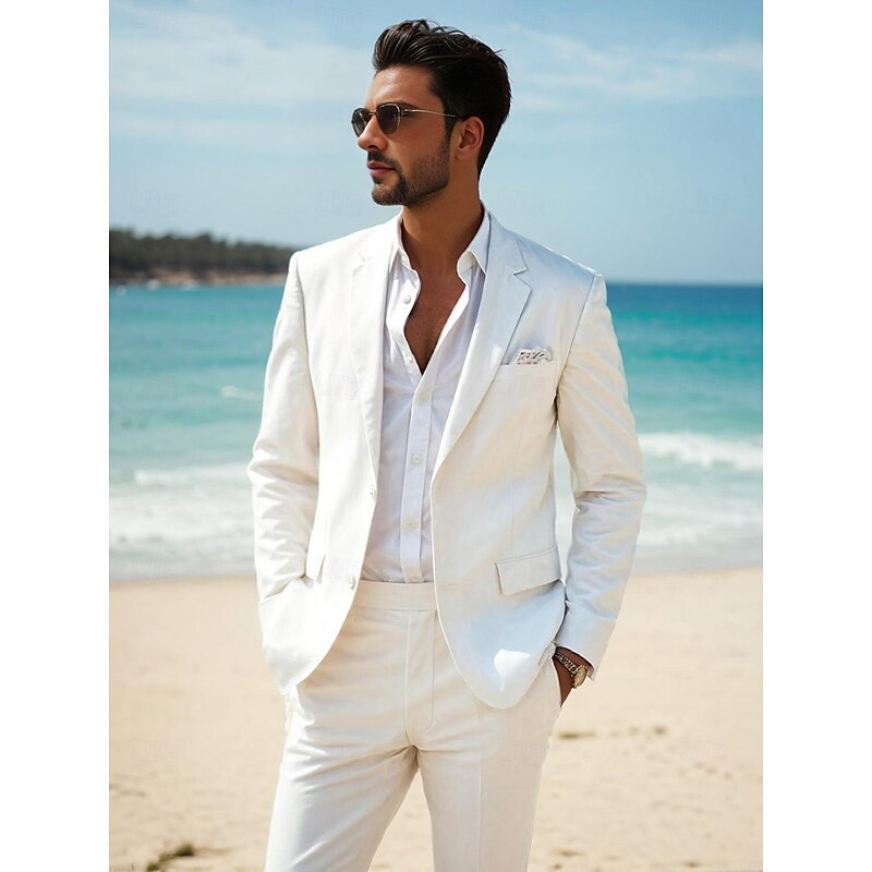 Men's Wedding Casual Suits White Daily Street Style Solid Colored Standard Fit 2 Piece Single Breasted Two-buttons2