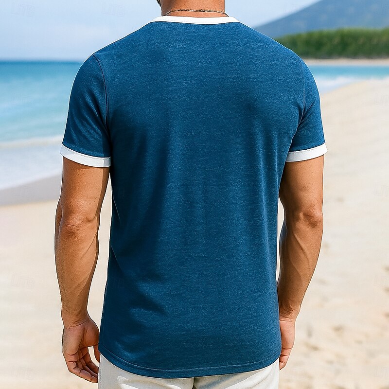 Men's Henley Shirt Tee Henley Top Short Sleeve Solid Color Plain Vacation Fashion Designer Color Block Buttons Henley Outdoor Casual Daily Summer All Seasons Black Navy Blue Blue Henley T-Shirt2