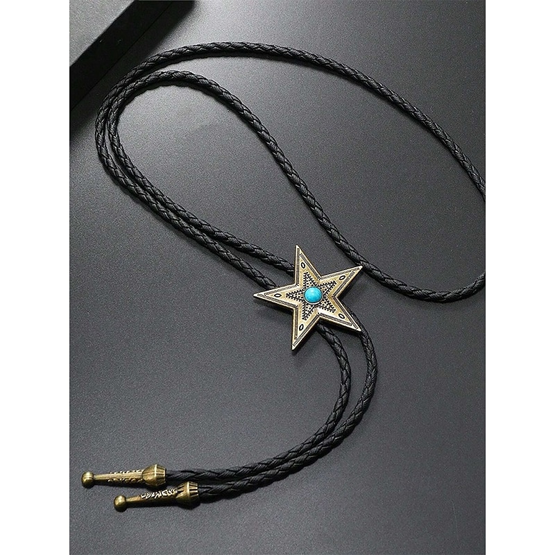 Men's Western Star Bolo Tie with Turquoise Center, Antique Bronze or Silver Metal, Adjustable Braided Leather Cord, Vintage Cowboy Rodeo Neckwear for Country Concerts, Weddings and Daily Wear