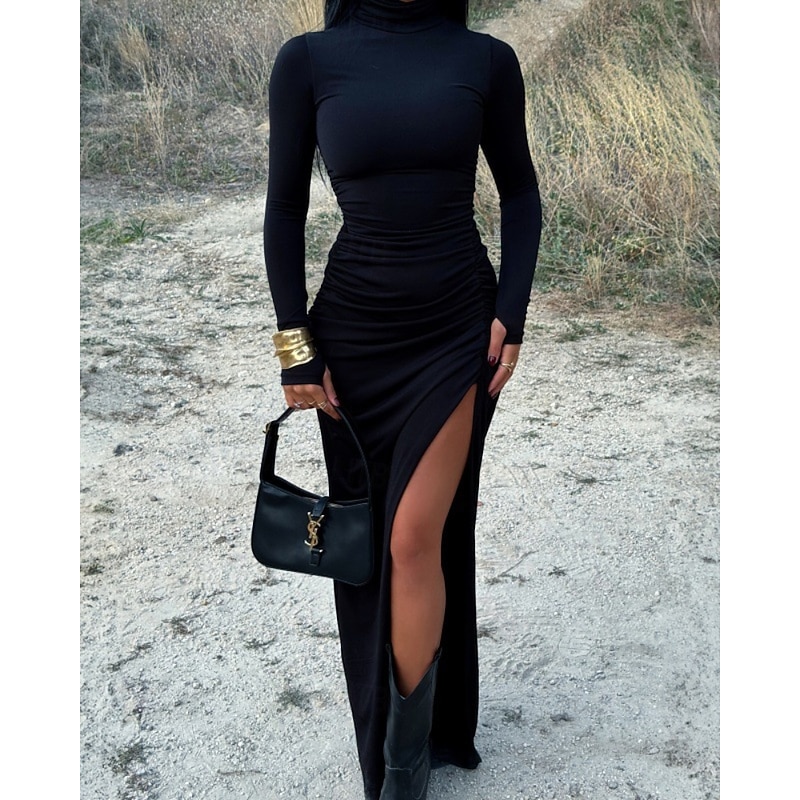 Women's Long Dress Maxi Dress Velvet Dress Cocktail Dress Bodycon Ruched Dress Fashion Classic Vacation Daily Evening Party Regular Fit Plain Long Sleeve Turtleneck Black Fall