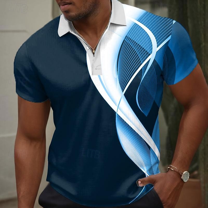 Men's Geometric Polo Shirts Golf Shirt Short Sleeve Polo Shirts Collared Shirts Business Casual Vacation Wear Formal Wear Festival Wear Buttons 3D Print Summer Black White Navy Blue2