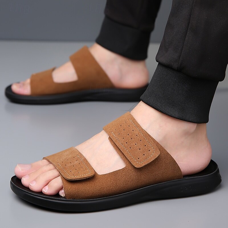 Men's Brown Faux Suede Sandals with Perforated Design Adjustable Velcro Closure Lightweight Breathable Ideal for Summer Travel and Beach Days4