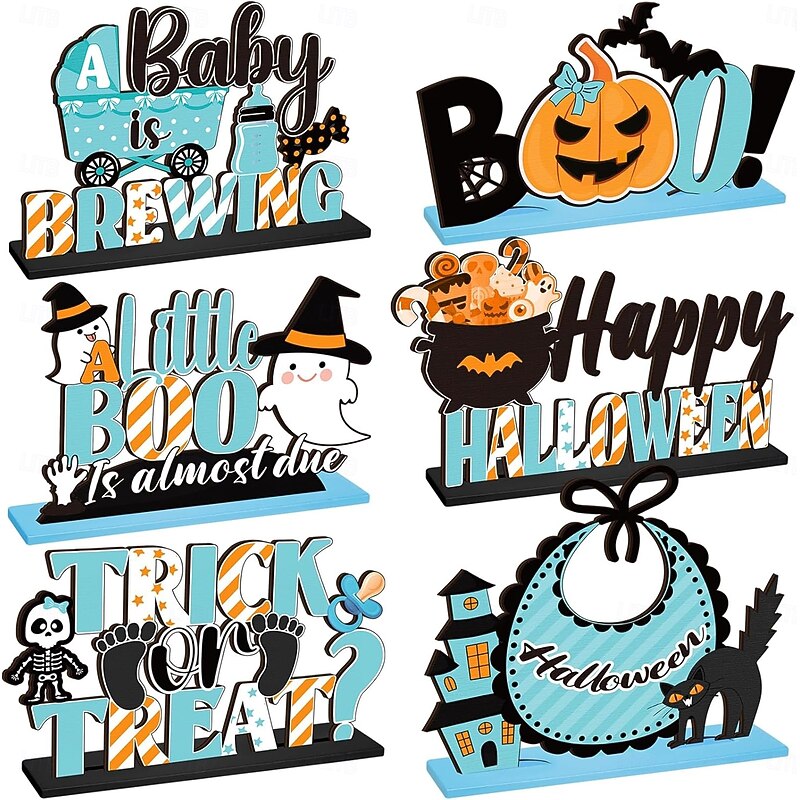 6-Pack Halloween Table Sign Centerpiece Decorations, Wooden Trick or Treat Signs with Pumpkin and Ghost, Kids Halloween Blue Baby Shower Party Supplies