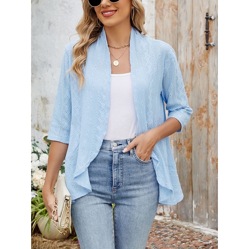 Women's Casual Jacket Breathable Comfortable Ruffle Casual Plain Vacation Street Casual Daily Wear Open Front Regular Collarless Regular Fit 3/4 Length Sleeve Outerwear Black White Pink Summer Spring3