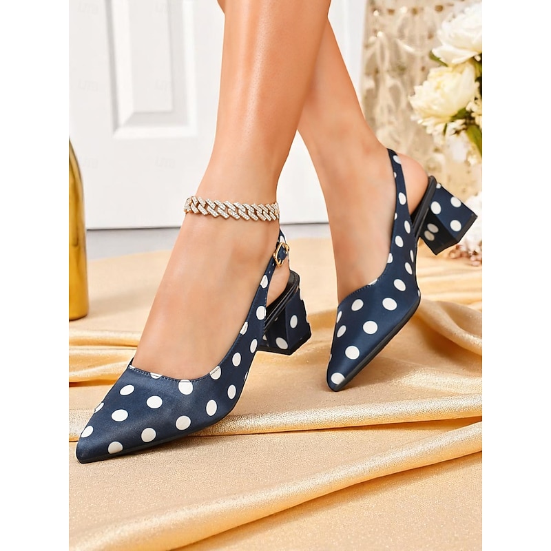 Women's Polka Dot Slingback Block Heel Pumps – Vintage 1950s Style Dress Shoes for Parties, Office, and Retro Events