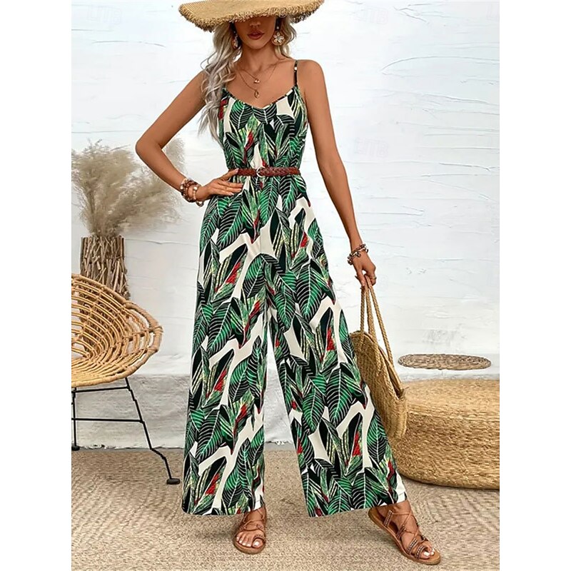 Women's Normal Jumpsuit Active Floral Sleeveless V Neck Backless High Waist Vacation Daily Regular Fit Green Summer