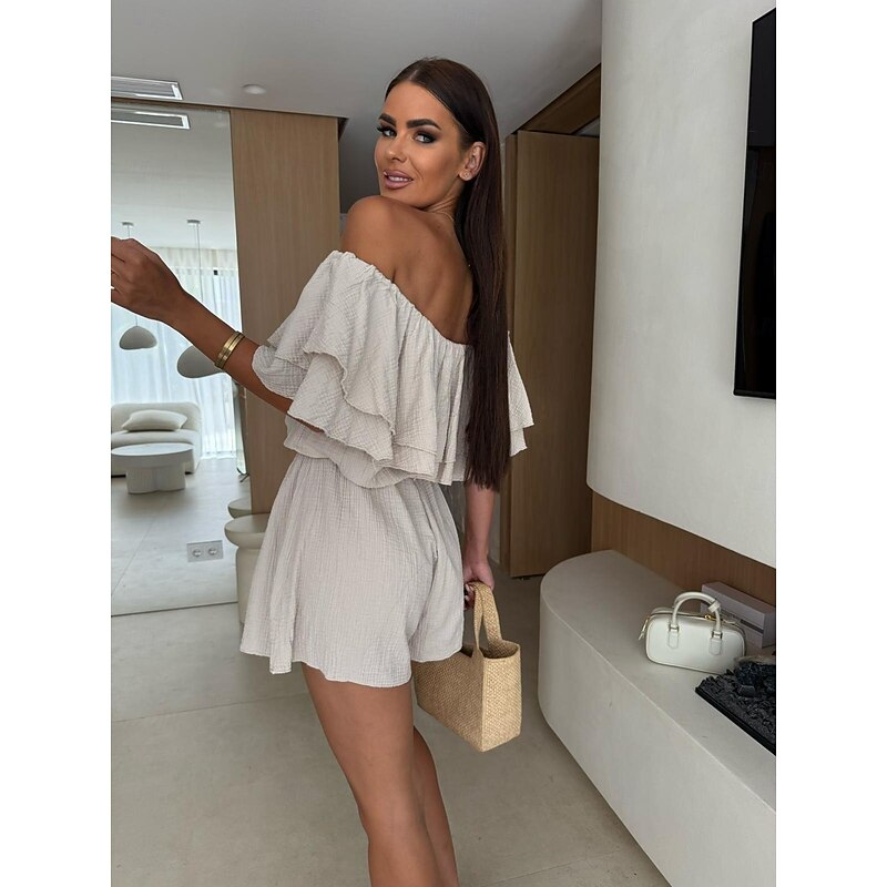 Women's Romper Stylish Solid Color Short Sleeve Off Shoulder Ruffle Backless Daily Going out Regular Fit Black Green Apricot Summer2