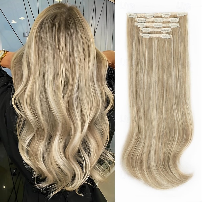 Clip in Hair Extensions - Thick Long Straight Layered Hair Extensions Dirty Blonde Mixed Bleach Blonde 20 Inch Soft Lace Weft