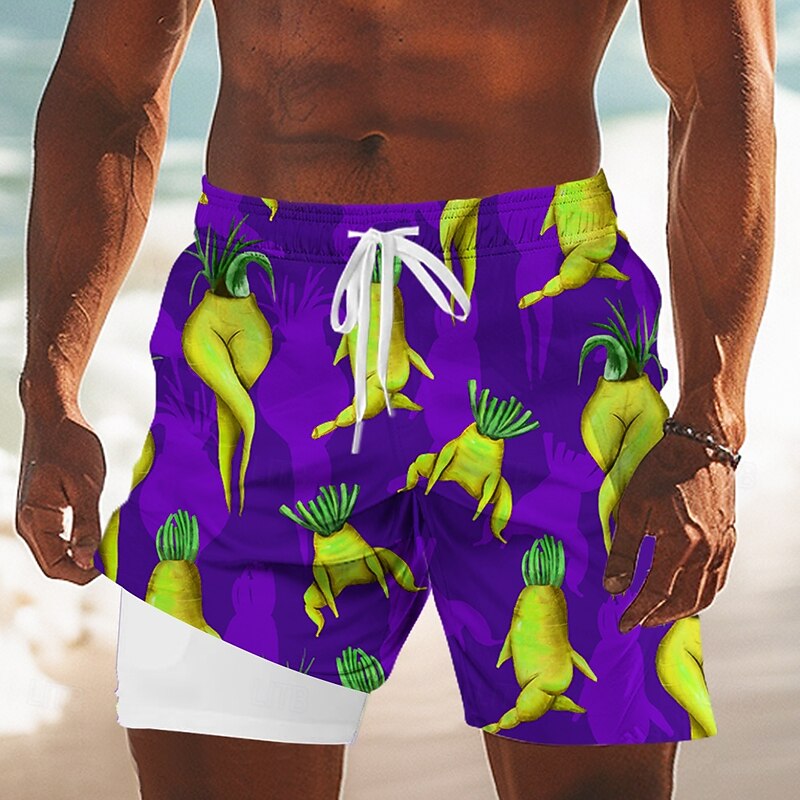 Men's Funny Shrimp Lined Shorts 2 in 1 Board Shorts Swim Shorts Mid Waist Hawaiian Holiday Beach Wear Side Pockets With Compression Liner Elastic Drawstring Waist Designer Clothing Apparel2