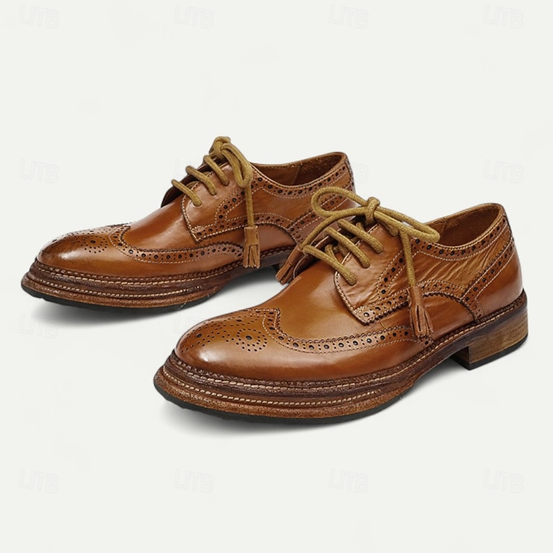 Men's Tan Leather Wingtip Brogue Shoes with Goodyear Welt and Lace-Up Design - Elegant and Comfortable Formal Shoes for Professional and Social Events3