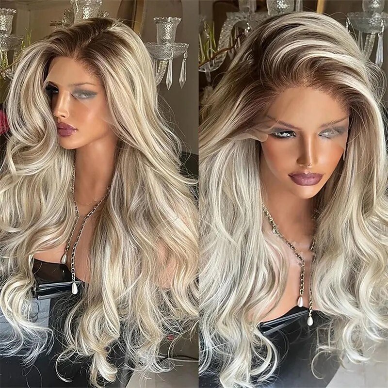 Unprocessed Virgin Hair 5x5 Closure 13x4 Lace Front Wig Free Part Brazilian Hair Wavy Blonde Wig 130% 150% Density with Baby Hair Highlighted / Balayage Hair 100% Virgin Glueless Pre-Plucked For Women